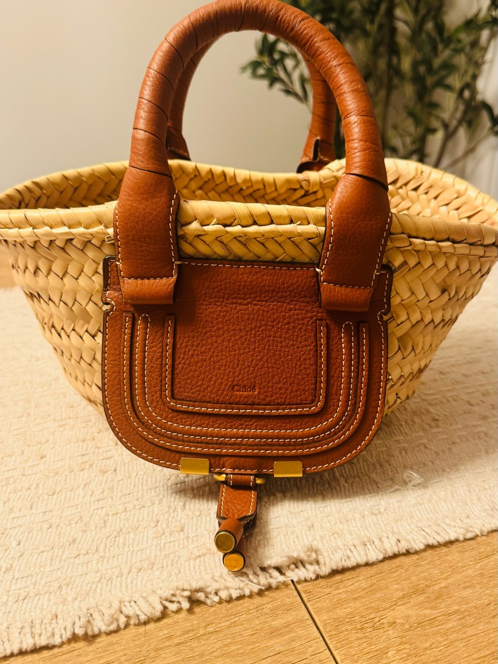 Chloé Marcie Small Basket Bag – Raffia & Cognac Leather